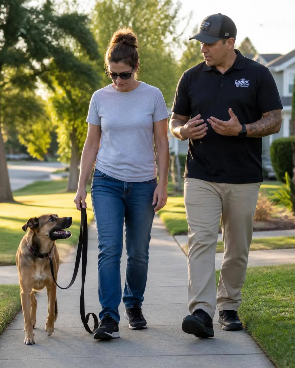BratPak certified trainer working with an adult dog and owner on leash manners during a private in-home session